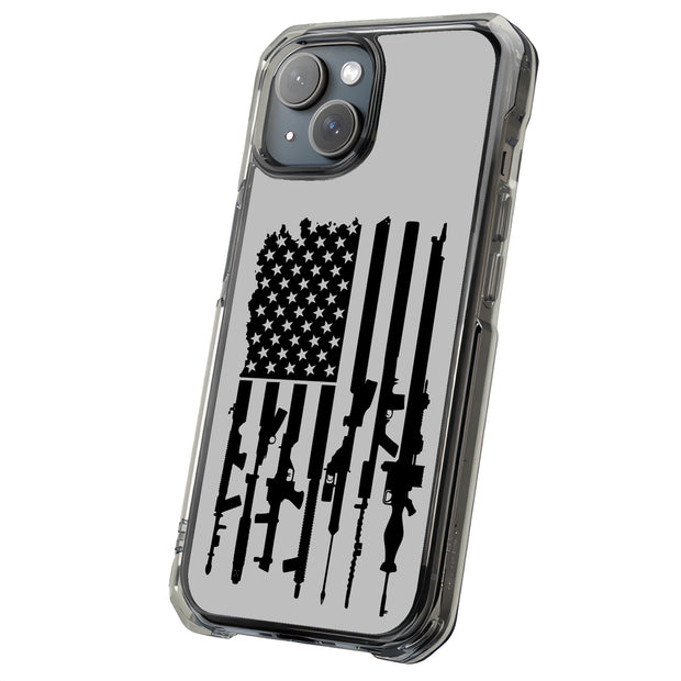 USA Flag Guns Tough Cases For Apple iPhone (17, 16, 15, 14, 13, 12, 11, X, SE, 8, 7/ Air, Plus, Pro, Max, Mini, XR, XS), Print in USA