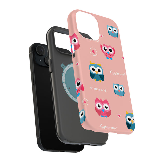 Cute Happy Owl Tough Cases For Apple iPhone (17, 16, 15, 14, 13, 12, 11, X, SE, 8, 7/ Air, Plus, Pro, Max, Mini, XR, XS), Print in USA