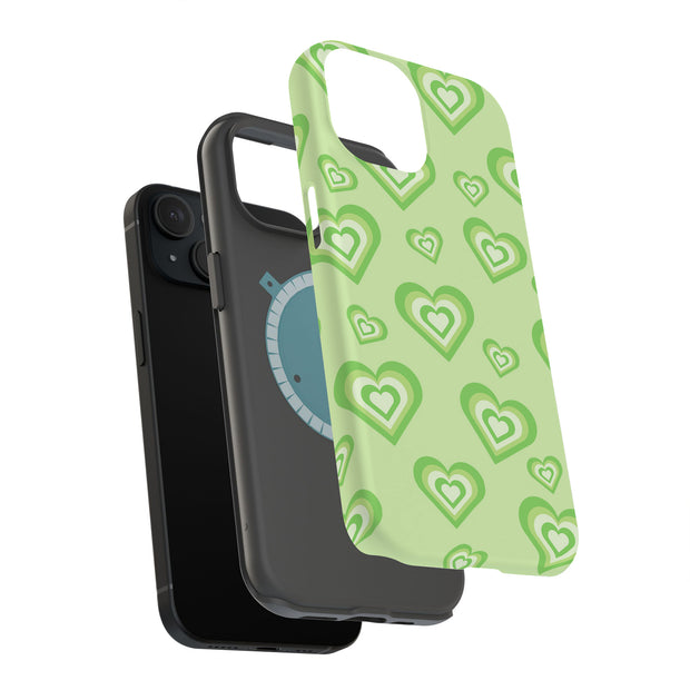 Green Hearts Tough Cases For Apple iPhone (17, 16, 15, 14, 13, 12, 11, X, SE, 8, 7/ Air, Plus, Pro, Max, Mini, XR, XS), Print in USA