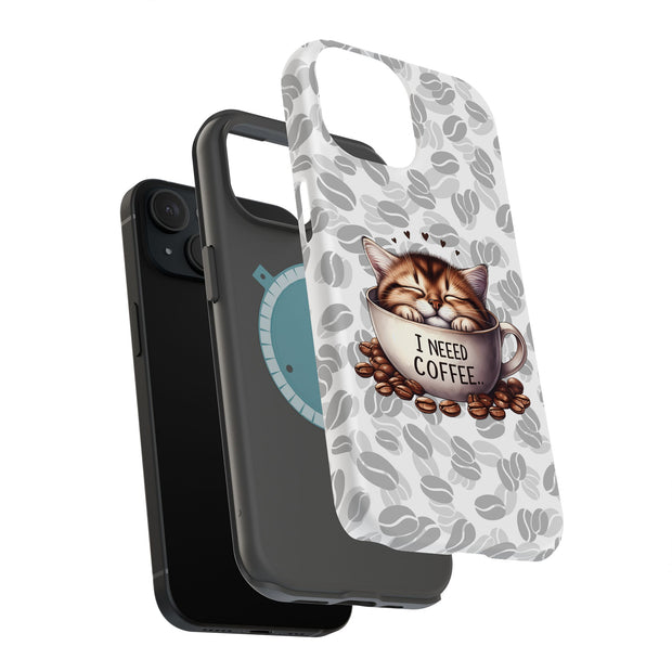 Need Coffee Cat Tough Cases For Apple iPhone (17, 16, 15, 14, 13, 12, 11, X, SE, 8, 7/ Air, Plus, Pro, Max, Mini, XR, XS), Print in USA