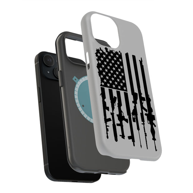 USA Flag Guns Tough Cases For Apple iPhone (17, 16, 15, 14, 13, 12, 11, X, SE, 8, 7/ Air, Plus, Pro, Max, Mini, XR, XS), Print in USA