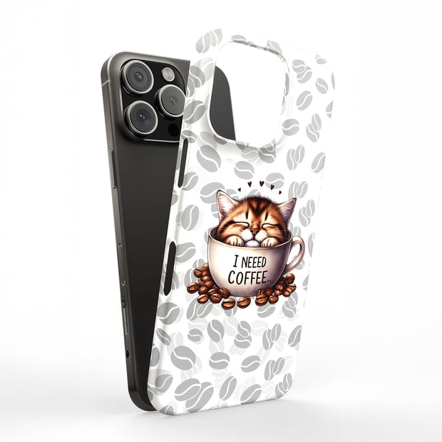 Need Coffee Cat Tough Cases For Apple iPhone (17, 16, 15, 14, 13, 12, 11, X, SE, 8, 7/ Air, Plus, Pro, Max, Mini, XR, XS), Print in USA