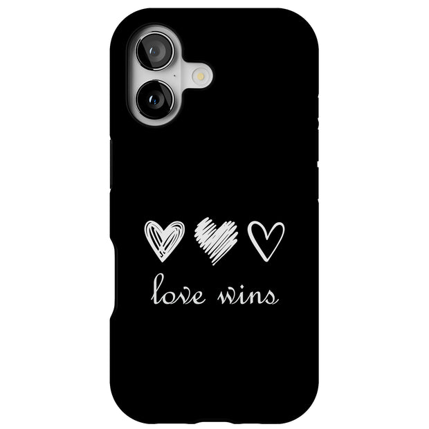 Love Wins Black Tough Cases For Apple iPhone (17, 16, 15, 14, 13, 12, 11, X, SE, 8, 7/ Air, Plus, Pro, Max, Mini, XR, XS), Print in USA