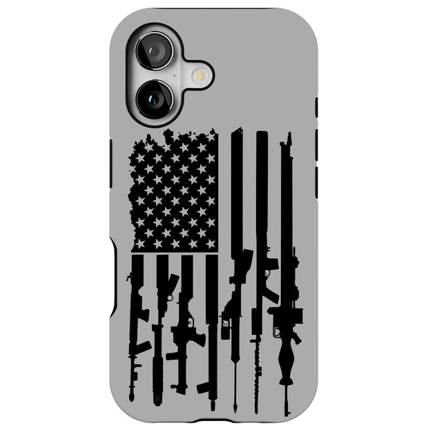 USA Flag Guns Tough Cases For Apple iPhone (17, 16, 15, 14, 13, 12, 11, X, SE, 8, 7/ Air, Plus, Pro, Max, Mini, XR, XS), Print in USA