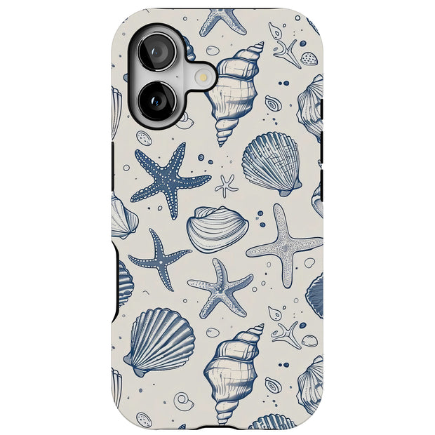 Blue Sea Shells Tough Cases For Apple iPhone (17, 16, 15, 14, 13, 12, 11, X, SE, 8, 7/ Air, Plus, Pro, Max, Mini, XR, XS), Print in USA
