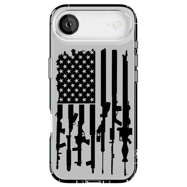 USA Flag Guns Tough Cases For Apple iPhone (17, 16, 15, 14, 13, 12, 11, X, SE, 8, 7/ Air, Plus, Pro, Max, Mini, XR, XS), Print in USA