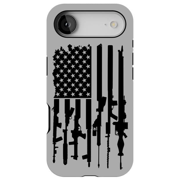 USA Flag Guns Tough Cases For Apple iPhone (17, 16, 15, 14, 13, 12, 11, X, SE, 8, 7/ Air, Plus, Pro, Max, Mini, XR, XS), Print in USA